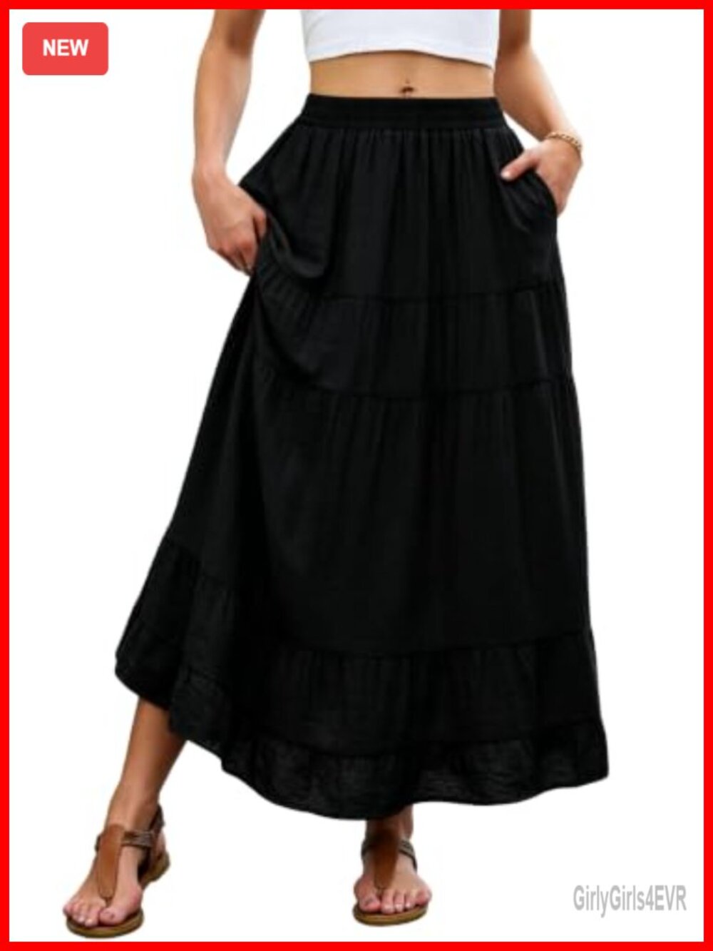 Women Flowy Boho Tiered Ruffle Maxi Skirt Elastic Waist Pockets Lined